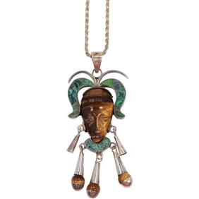 TM-64 Mexico Pendant Wonderful Craftmanship Tiger Eye God with Malachite Hairdress, Bib,