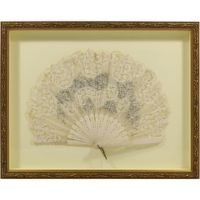 Circa 1890 French Victorian Lace Hand Painted Hand Fan Mounted in a Shadow Box Frame