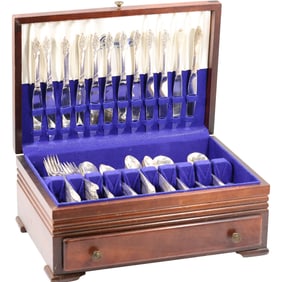 Stainless Steel Flatware Set in Wood Box - See Pictures for Item Count