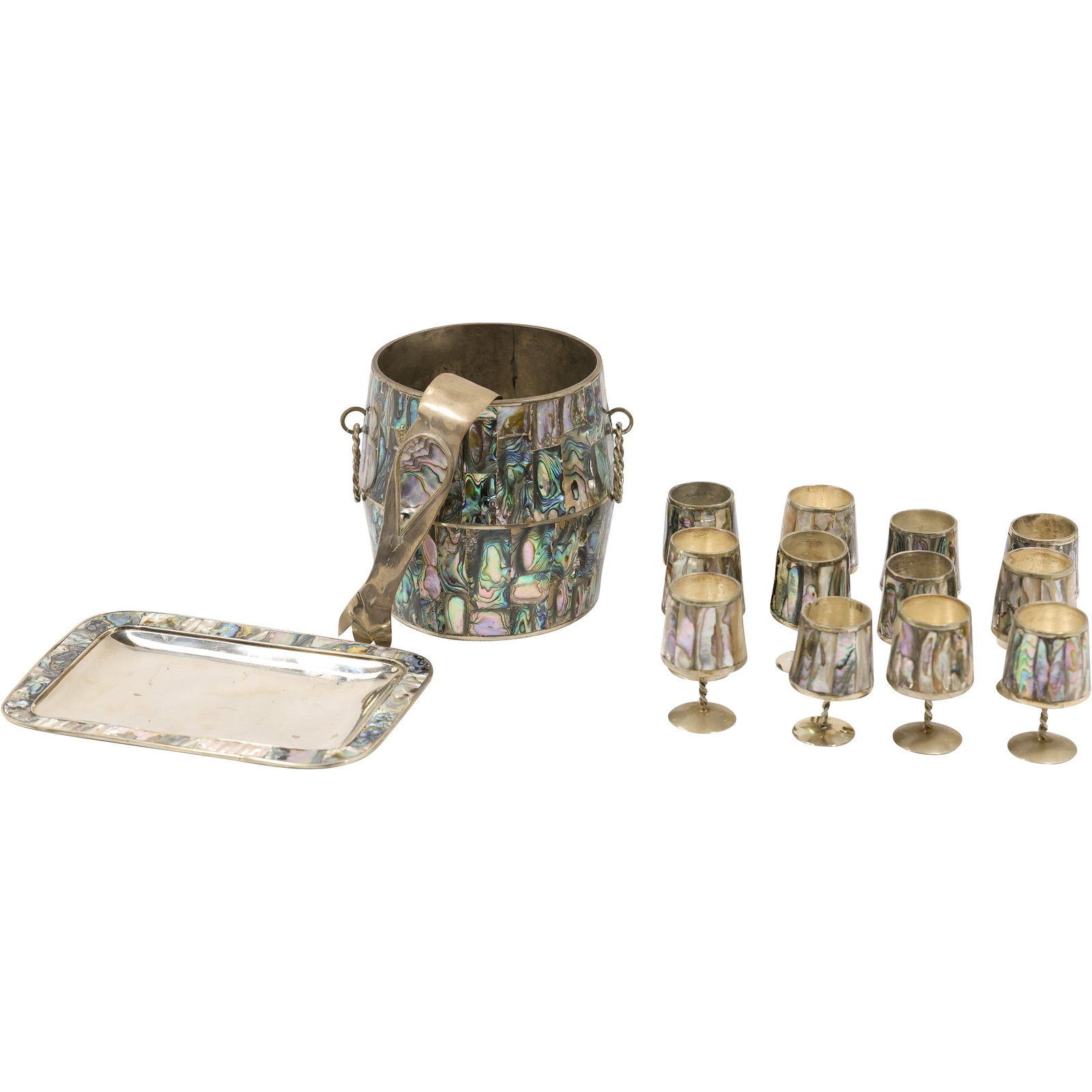 Abalone Iridescent on Silvered Metal Tray, Ice Bucket, Tongs and 12 Stemmed Cordials: Abalone Iridescent on Silvered Metal Tray, Ice Bucket, Tongs and 12 Stemmed Cordials size: 5h 4.5w S:A