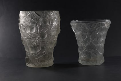 2  Vintage Art Deco Josef Inwald Barolac Czech Frosted Glass Cherry Vases in Different Sizes