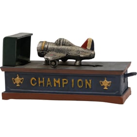 Novelty Cast Iron "Champion" Airplane Mechanical Coin Bank in Original Paint Finish