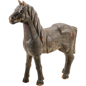 Antique Folk Art Carved Wooden Horse Figure 28 in. height x 29 in. length, Original Patina