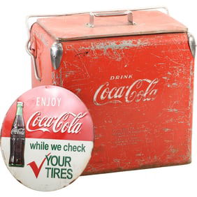 Vintage Red COCA COLA Metal Cooler / Ice Chest with Handle and Round Tin Sign