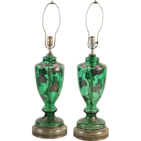 Pair Green Glass Urn Form Table Lamps with Sterling Silver Overlay Leaves 32 in. overall height
