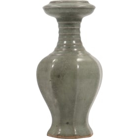 Antique Chinese Longquan Kiln Celadon Vase Signed on Base, 9 inches height