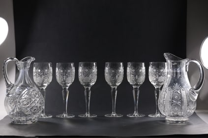 2 Elegant Glass Pitchers and Set of 6 Elegant Etched Glass Wine Stemware