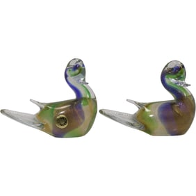 2 Murano Venetian Art Glass Duck figurines in Multi Colors with Gold Flecks 6 inches