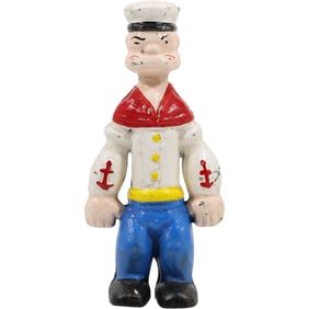 Popeye the Sailor Man,  Novelty Cast Iron Coin Bank. in Original Paint Finish, 9 in. height