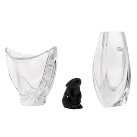 Signed Baccarat, 2 Crystal Glass Vases and Rabbit Figure