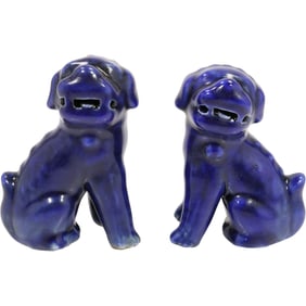 Pair Blue Majolica Glazed Ceramic Foo Dogs 4.5 inches height