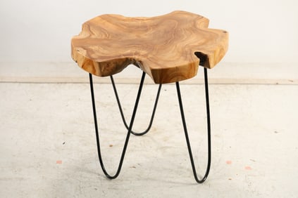 Natural Burl Wood Top Occasional Stand on Metal Hairpin Legs 19.5 in. height x 20 in. dia. top