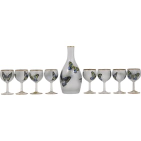 Butterflies Glass Decanter with 8 Matching Butterflies Glass Stemmed Goblets