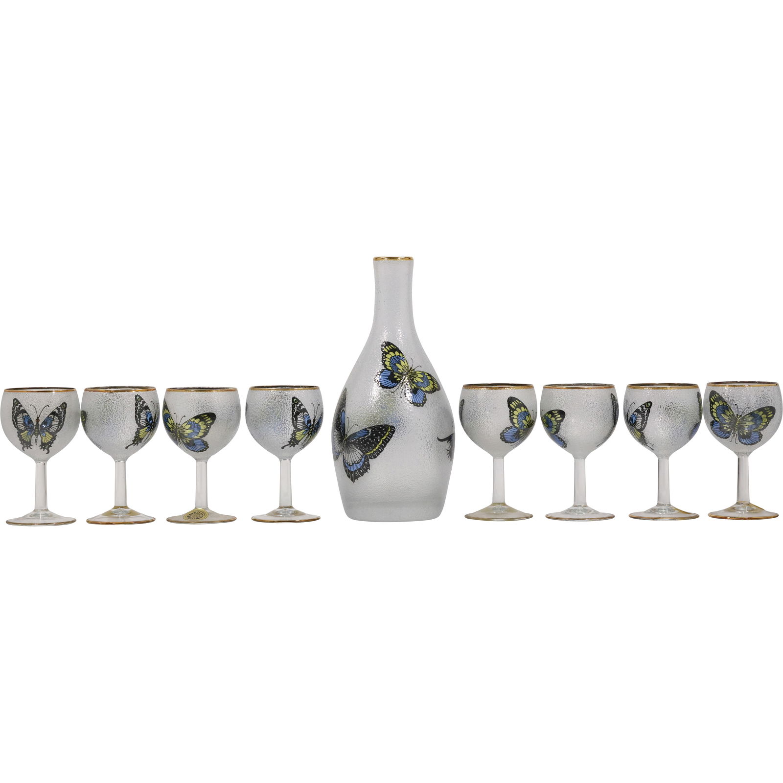 Butterflies Glass Decanter with 8 Matching Butterflies Glass Stemmed Goblets: Butterflies Glass Decanter with 8 Matching Butterflies Glass Stemmed Goblets. size: 10h 3.5w S:A