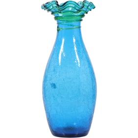 Tall Blue Cracked Glass Vase with Green Applied Threading at Top 17 inches height