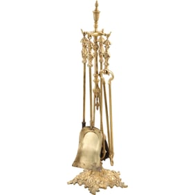 Elegant Brass Fireplace Tool Set on Stand - Good Patina