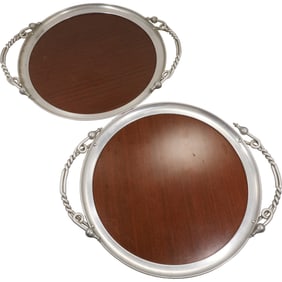 2 Mid-Century Modern Round Aluminum Serving Trays with Mahogany Panel Centers