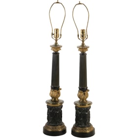 Pair Cast Metal French Empire Column Table Lamps 36 inches overall height