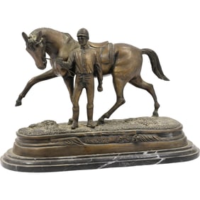 Delaware Park Bronze Equestrian Rider Jockey and Horse Sculpture Mounted on a Marble Base