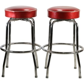 Pair Red Top Chrome Base Retro Bar Stools - Clean. 30 inches height x 19 inches wide