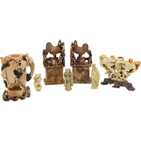 Estate Collection 7 Assorted Chinese Soapstone Carvings, Figures, Vases - See Pictures