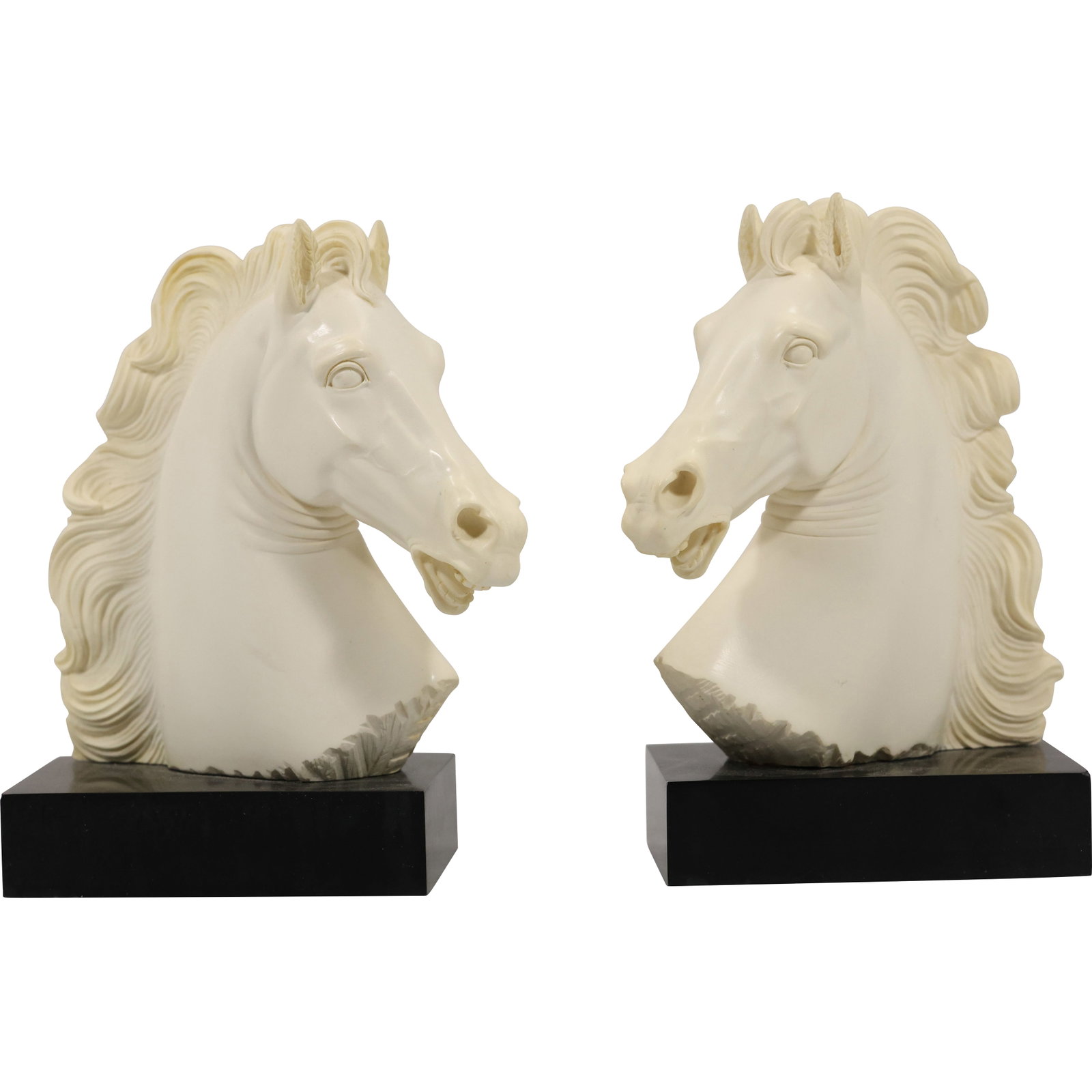 A. Giannelli Signed White Horse Head Bookends Sculpture: These are equestrian-themed bookends: A. Giannelli Signed White Horse Head Bookends Sculpture: These are equestrian-themed bookends featuring white horse heads, signed by the Italian master sculptor Arnaldo Giannelli (1907-2005). Hard Com