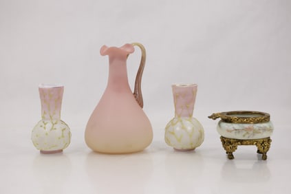 Estate Grouping 4 Pieces Mt Washington Pitcher, 2 Webb Cabinet Vases, Wavecrest Trinket Dish