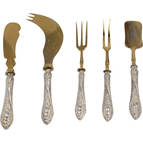 5 Pieces Russian Cutlery Set Silver Handles with Gold Wash , Signed with Maker - See Pictures