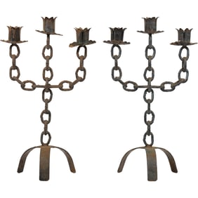 Vintage Pair of Large Brutalist Medieval Black Metal Chain Link 3 Arm Candelabras - Hand Forged Iron