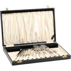 Set of 12 Mother of Pearl Handles Knives and Forks [6 each] in Fitted Box