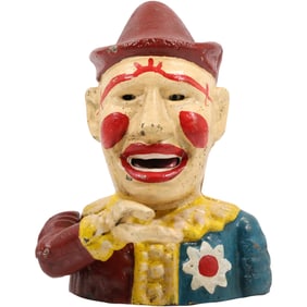 Novelty Cast Iron Clown Mechanical Coin Bank in Original Paint