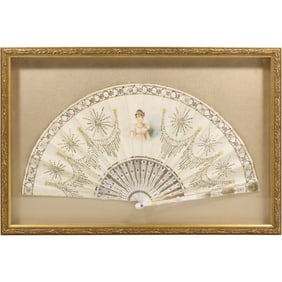 French Hand Fan with Hand Painted Woman Mounted in Shadow Box Frame
