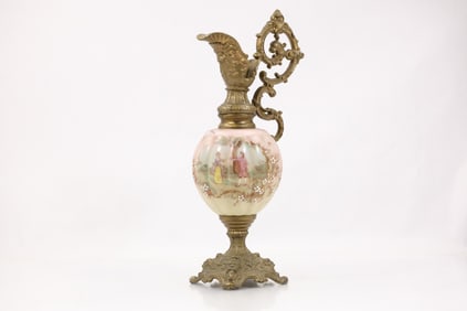 Antique 19th C. Glass and Metal Ewer with Genre Scene Panel 15.5 in. height