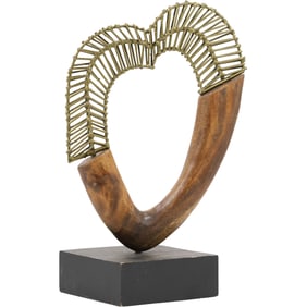 Vintage Brutalist Brass & Wood Heart Sculpture 1970's, 14 in height