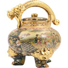Japanese Royal Satsuma Teapot with Gold Gilt Dragon Handle, 15 in. height x 13 inches