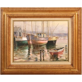 D'Alessandro, Italy, Quality Oil on Canvas Painting Fishing Boat at The Docks, Bio on Verso