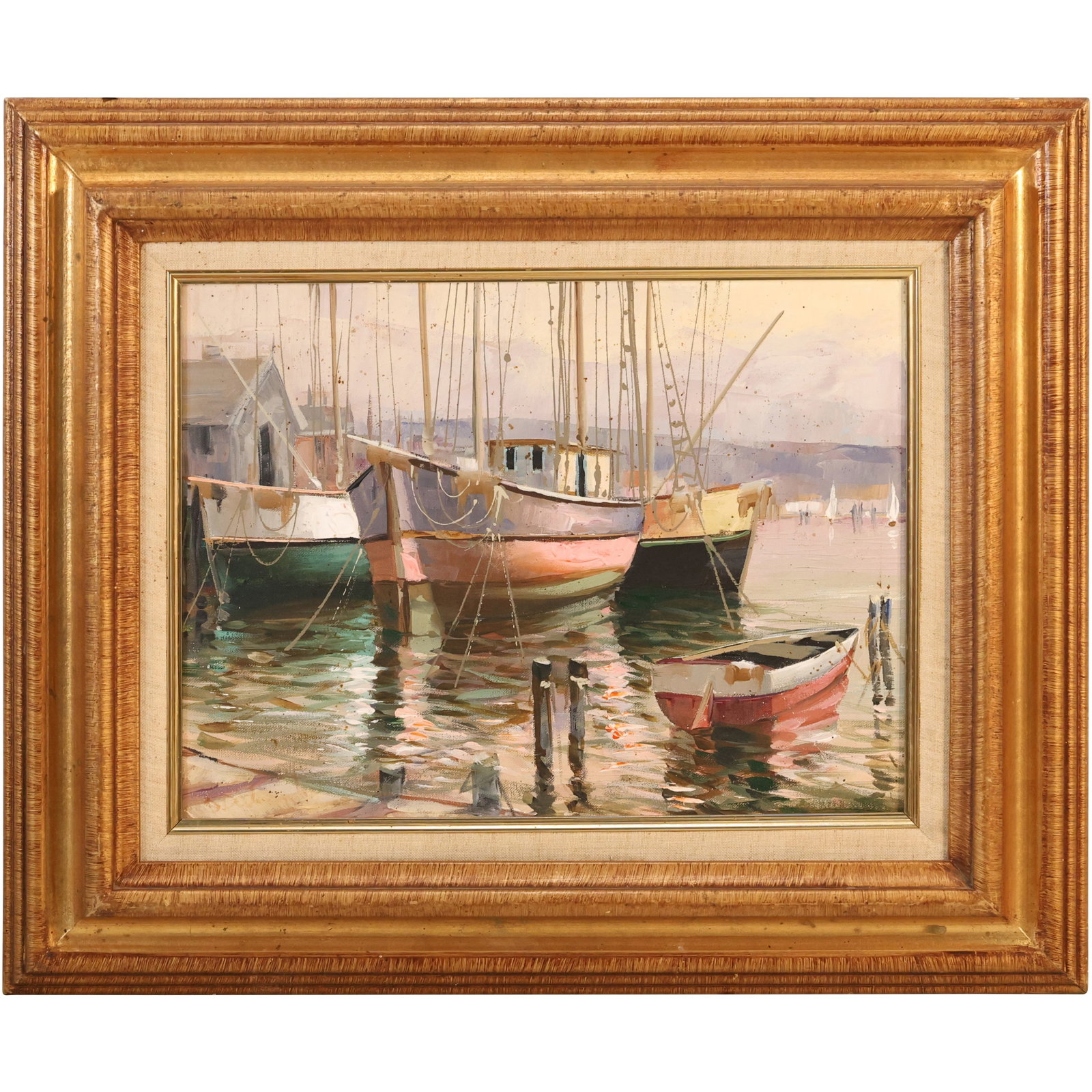 D'Alessandro, Italy, Quality Oil on Canvas Painting Fishing Boat at The Docks, Bio on Verso: D'Alessandro, Italy, Quality Oil on Canvas Painting Fishing Boat at The Docks, Bio on Verso size: 12 x 16 outside frame 19.5 x 23.5