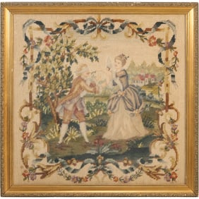 Framed Victorian Petti Point Embroidery "Blindfold Tease" Man and Woman