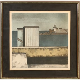 Color lithograph of seashore landscape by Herbert Breiter (Austria, born 1927).