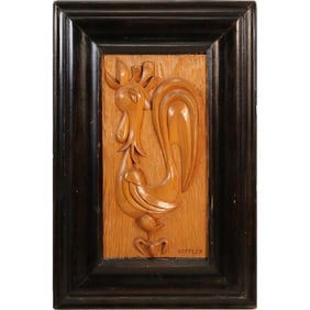 Signed Heftler, Mid-Century Modern Hand Carved ROOSTER Wood Sculptured Plaque 21.5 in. x 14 in.