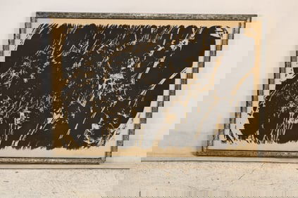 Signed Ron Stair. Circa 1950s Woodblock, Black Abstract, Framed