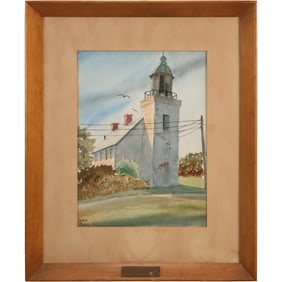 Signed John Baum, Vintage Watercolor Painting of Horton Point Lighthouse