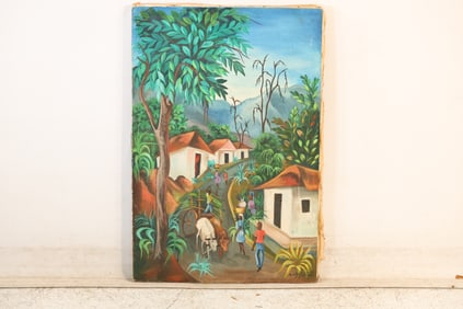 Signed B. LaFontantant, Haiti, Oil on Canvas Painting Haitian Village with Figures