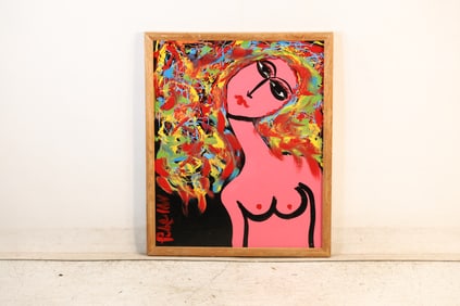 Thomas Pulgini, American, Pop-Art Abstract Oil on Board Painting Pink Woman. Signed, Framed