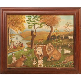 After Edward Hicks, 20th C. Oil on Canvas Painting  "The Peaceable Kingdom",  Signed LUP
