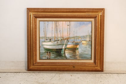 D'Alessandro, Italy, Quality Oil on Canvas Painting Fishing Boats Docked, Bio on Verso