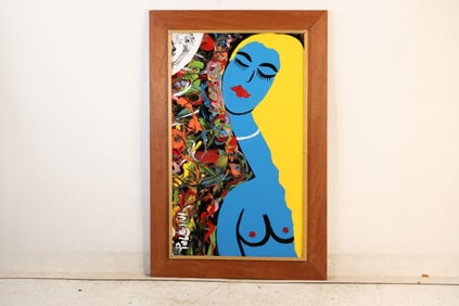 Thomas Pulgini, American, Pop-Art Abstract Oil on Board Painting Blue Woman. Signed, Framed.