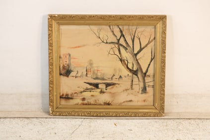 Vintage Watercolor Painting Winter Landscape with Barns and Bridge over a Brook