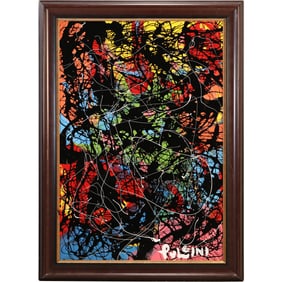 Thomas Pulgini, American, Oil on Board Painting Colorful Busy Abstract, Signed, Framed