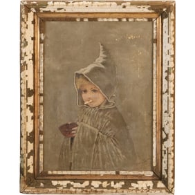 Victorian Child Wearing Hood With Bowl Oil On Canvas Painting Signed M.T. W. 1892